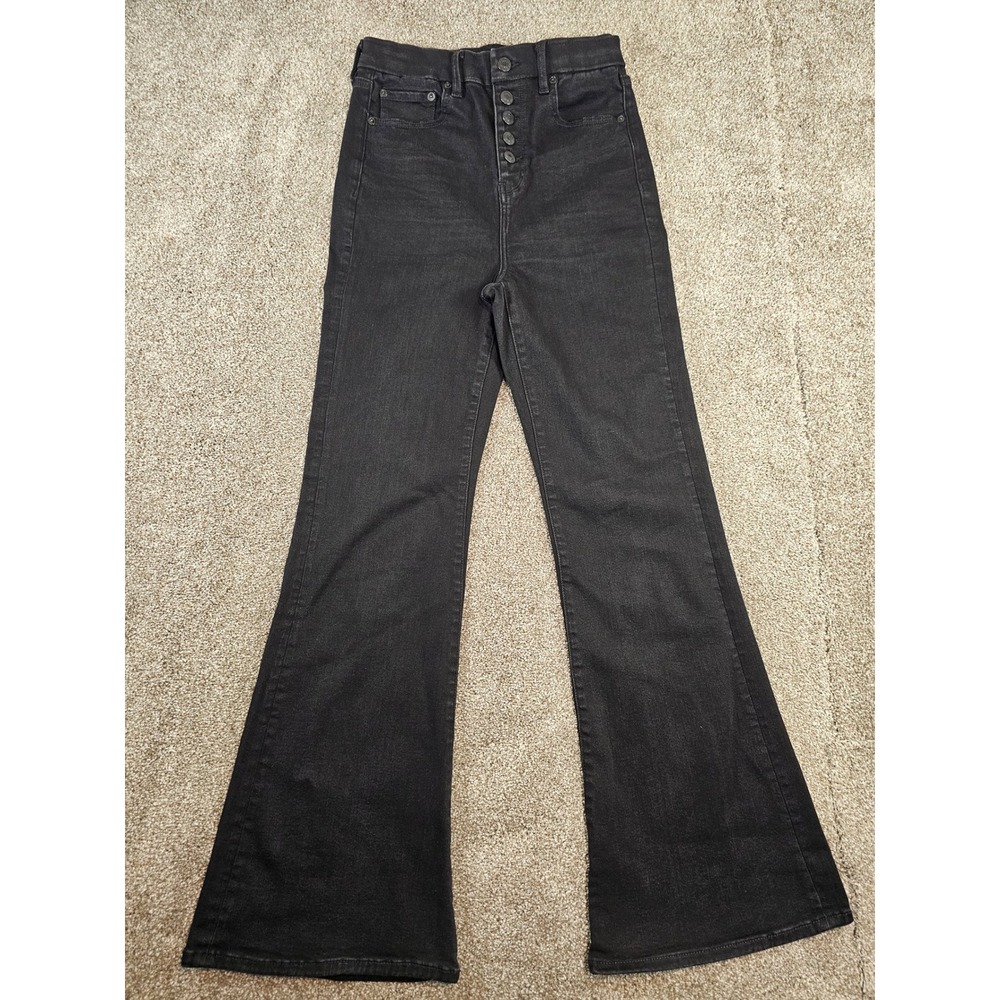 American Eagle Next Level Stretch High Waisted Flare Jeans Black Button Fly 4R - Picture 1 of 16